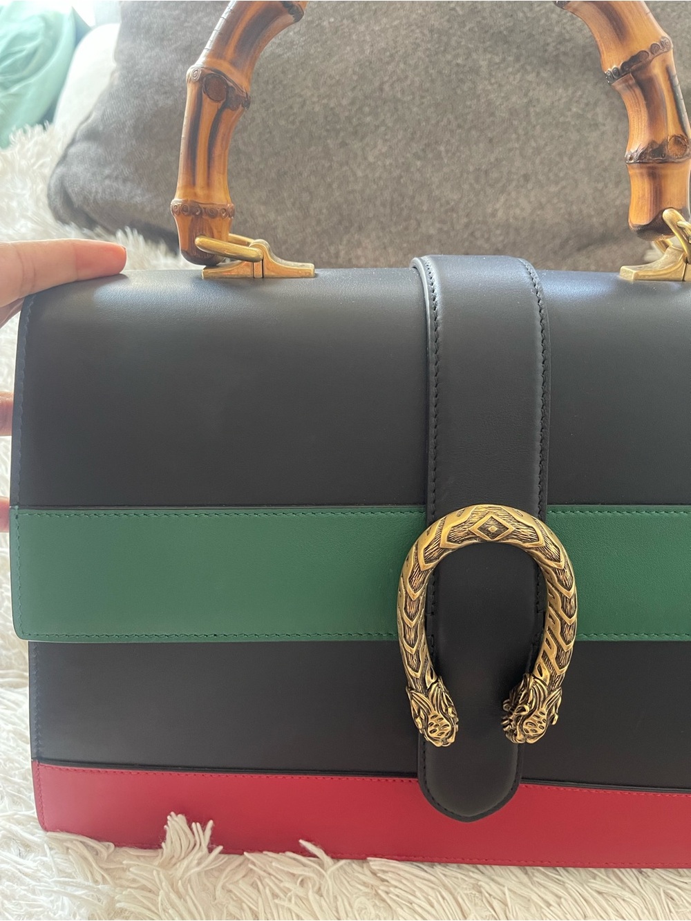 Gucci Black, Green & Red Leather Top-Handle Satchel with Bamboo Handle
